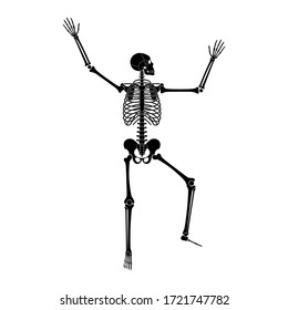 Happy dancing skeleton on Halloween. Dance and gymnastics skeleton pose. Vector flat cartoon illustration isolated on white background. Great for spooky fun party themed designs.