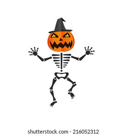 Happy dancing skeleton wearing a pumpkin