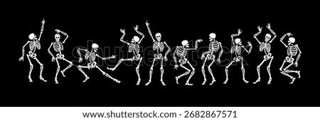 Happy dancing skeletons. BW vector illustration for Halloween and other uses.