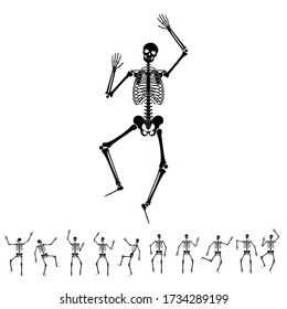 Happy dancing skeletons on Halloween. Set of different dance and gymnastics skeleton poses. Vector flat cartoon illustration isolated on white background. Great for spooky fun party themed designs.