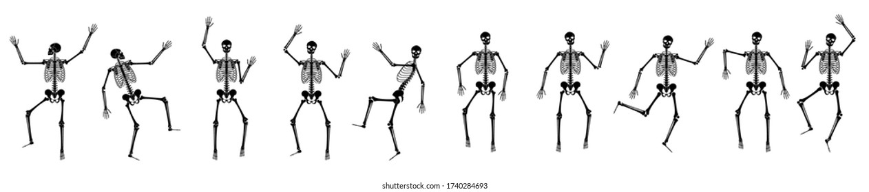 Happy dancing skeletons on Halloween. Set of different dance and gymnastics skeleton poses. Vector flat cartoon illustration isolated on white background. Great for spooky fun party themed designs.