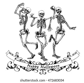 Happy dancing skeletons on Halloween. Isolated vector illustration. Contour graphics for posters and banners