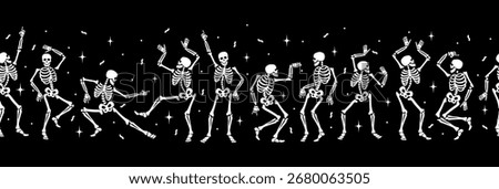 Happy dancing skeletons. Vector seamless border for Halloween and other uses.