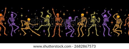 Happy dancing skeletons. Vector seamless border for Halloween and other uses.