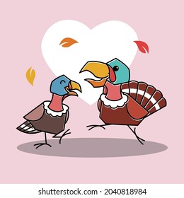 Happy Dancing Turkey Bird Couple Autumn Fall Thanksgiving Character Cartoon