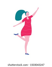 Happy dancing woman. Banner with girl having fun, dance, jump. Joyful disco party. Flat vector illustration.
