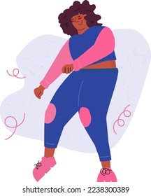 Happy Dancing Woman. Concept of body positivity dance Girl. Stylish woman dancing hip hop over isolated background.  Bright stylish curvy girl enjoy life.  Vector bright flat illustration.