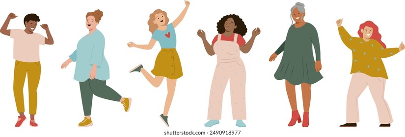 Conjunto de ilustración de mujer bailarina feliz. Chicas sonrientes divirtiéndose en la colección. Diseño plano aislado del partido. Plantea diversidad.