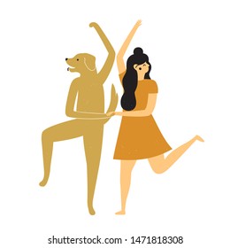 Happy dancing woman and labrador retriever. Funny cartoon vector illustration, dog lovers print design, isolated on white party flyer template