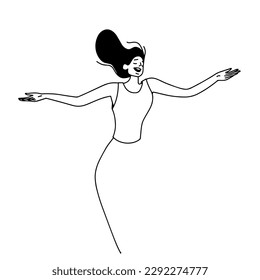 Happy dancing woman line vector minimalistic illustration