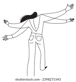 Happy dancing woman line vector minimalistic illustration. Vector illustration