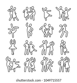 Senang menari wanita dan pria beberapa ikon. Disko tari gaya hidup vektor piktogram. Ilustrasi tari pasangan, bahagia penari orang, balet dan salsa, latin dan flamenco