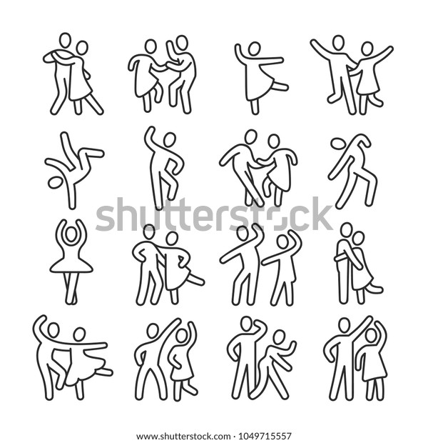Happy dancing woman\
and man couple icons. Disco dance lifestyle vector pictograms.\
Illustration of couple dance, happy dancer person, ballet and\
salsa, latin and\
flamenco