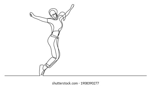 Happy Dancing Woman Wearing Face Mask - Continuous Line Drawing