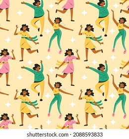 Happy dancing women seamless pattern isolated on yellow background. Smiling female characters enjoying dance party vector background. Illustration in cartoon style.