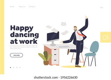 Happy dancing at work cocnept of landing page with cheerful businessman smiling boss dance on workplace. Full length cartoon manager in suit celebrate victory. Flat vector illustration