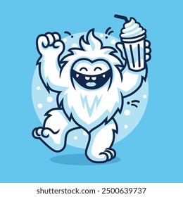 Happy Dancing Yeti while Carrying Milkshake Vector Illustration