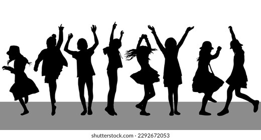 Happy dancing young children, boys and girls silhouettes together vector concept illustration