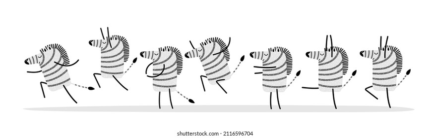 Happy Dancing Zebra. Cartoon happy Dancing zebra. Different dance movements. Funny character in animalistic print. Joyful zebra smiling. Colored flat Vector illustration isolated on white background.