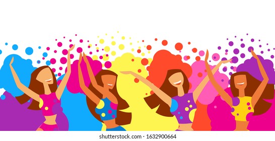 Happy dansing girls throw paint. Poster for Holi color festival.
