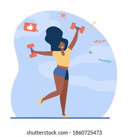 Happy dark skinned girl doing exercises. Woman dancing with dumbbells flat vector illustration. Fitness, gym, weight lifting concept for banner, website design or landing web page