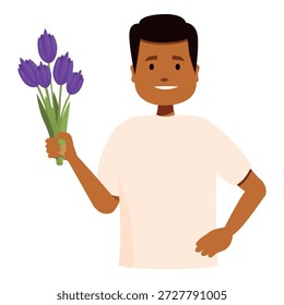 Feliz homem de pele escura segurando um buquê de tulipas roxas, comemorando uma ocasião especial como o dia das mães ou dia dos namorados