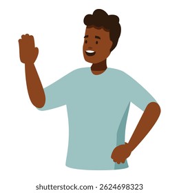 Happy dark skinned man waving hand in greeting, expressing positive emotions