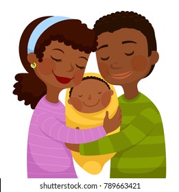 Happy dark skinned parents hugging a small baby