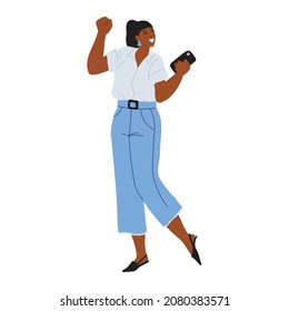 Happy dark - skinned woman in jeans with phone in her hand. Good news, joyful message, important call. Education and business. Colorful flat character, isolated on white background