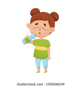 Happy Dark-Haired Little Girl Standing and Drinking Water From Plastic Bottle Vector Illustration