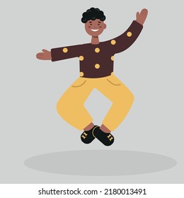 A happy a dark-skinned child jumps with his hands up. An energetic teenager on the move. An active classmate or student is having fun. Flat vector cartoon, isolated