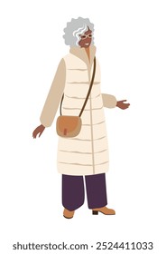 Happy dark-skinned elderly woman in warm winter clothes on a walk. Winter fashion. Vector illustration isolated on white background.