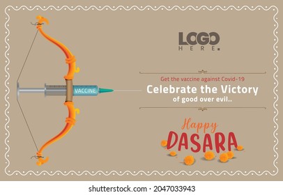 Happy dasara greeting with covid vaccine awareness message. Happy Dussehra Greeting Card. Dasara the big Indian festival.