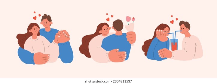 
Happy dating couples are ready. A man and a woman hug Various people in love.