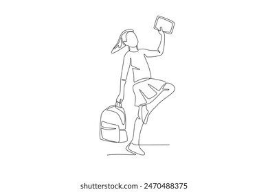 Happy daughter going back to school. Back to school concept one-line drawing