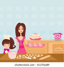 Happy daughter helping her mother cooking in the kitchen 