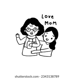 Happy daughter hugging old mother, outline drawing style vector