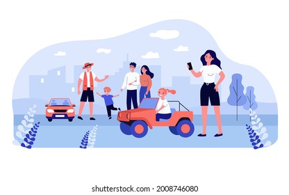 Happy daughter riding small electric car for children. Vehicles for kids at park flat vector illustration. Family activity, leisure, entertainment concept for banner, website design or landing page