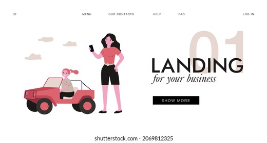 Happy daughter riding small electric jeep for children. Cars for kids at park flat vector illustration. Family activity, leisure, entertainment concept for banner, website design or landing web page