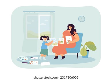 Happy daughter showing pictures to mother vector illustration. Little girl drawing nature and woman in armchair supporting and taking care of her. Family, quality time, parenthood concept