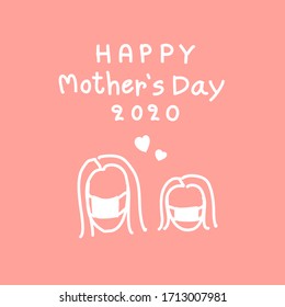 Happy mother’s day 2020 concept with mother and daughter wearing mask on pink background, vector hand drawn minimal style