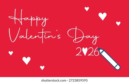 Happy Valentine’s Day 2026 Red Background Handwritten Love Text with Hearts Vector