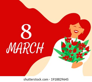 Happy women’s day. 8 March. International Women's Day. Poster in flat style with beautiful girl with bouquet of flowers in their hands. Flat vector illustration for postcard, banner, app.  Eps 10