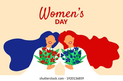 Happy women’s day. 8 March. International Women's Day. Poster in flat style with two beautiful girls with bouquet of flowers in their hands. Flat vector illustration for postcard, banner, app. Eps 10