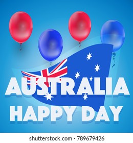 Happy Day Australia. Discription with curved flag and with red and blue balloon