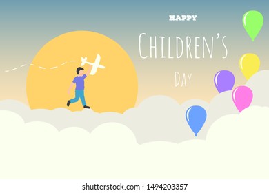 Happy Children’s Day background with a boy running through the clouds. The child plays with the plane. Colorful balloons and warm sun. Vector illustration for kid’s banner  template.