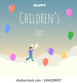 Happy Children’s Day background with a boy running through the clouds. The child plays with the plane. Vector illustration for kid’s banner  template with colorful balloons and copy space for text.