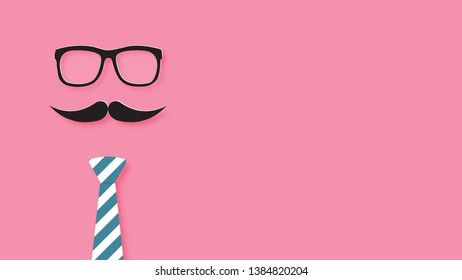 Happy father’s day background concepts. Paper cut made glasses, mustache and necktie on pink background. Paper art 3d digital craft style.