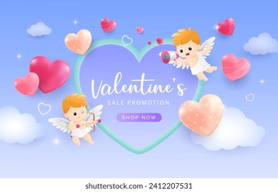 Happy Valentine’s Day background with cupid angels, love heart and gradient blue background. Promotion and shopping template for love and valentine’s day concept.