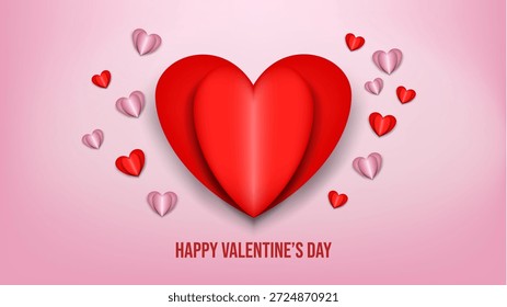 Fröhlicher Valentinstag-Hintergrund mit großem roten Herz und schwimmenden Liebesformen